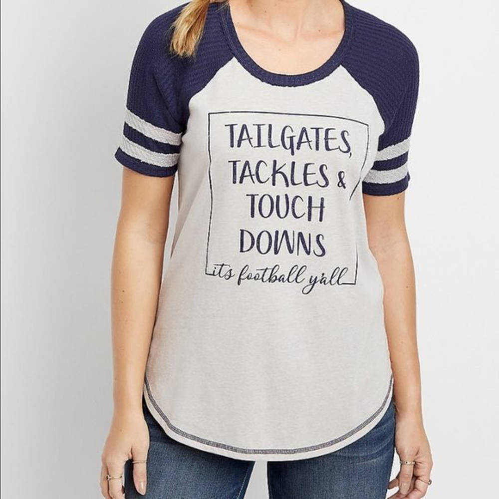 Maurices M Tailgates Tackles Football‎ Y'all Thermal Sleeve Graphic Tee T-Shirt